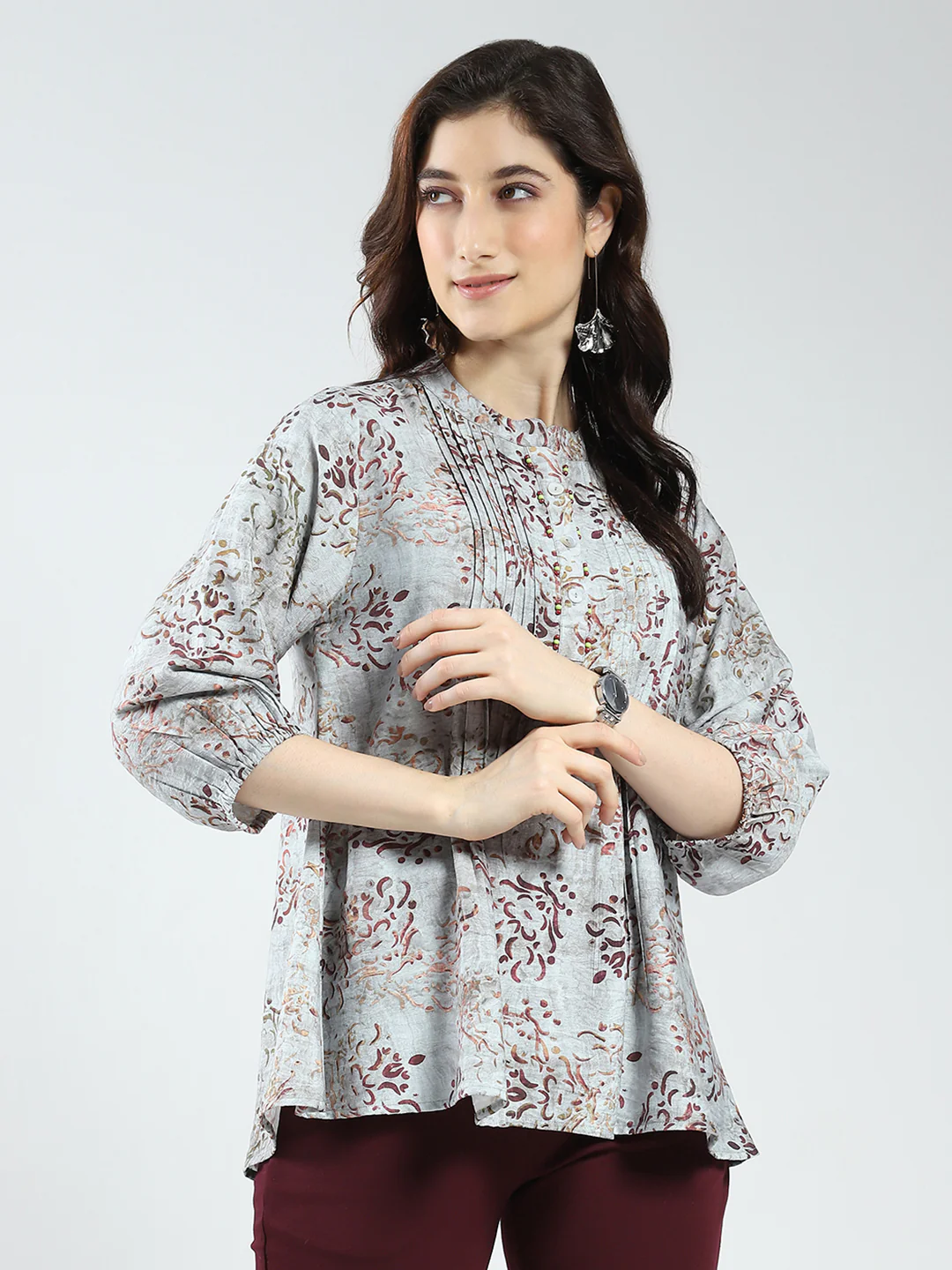 Women Grey Printed Band Neck 3/4th Sleeve Top - Image 4