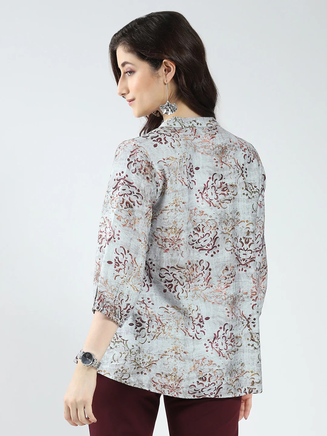 Women Grey Printed Band Neck 3/4th Sleeve Top - Image 5