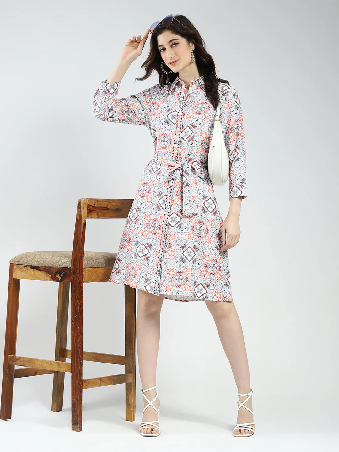 Women Grey Printed Collar 3/4th Sleeve Tunic - Image 3