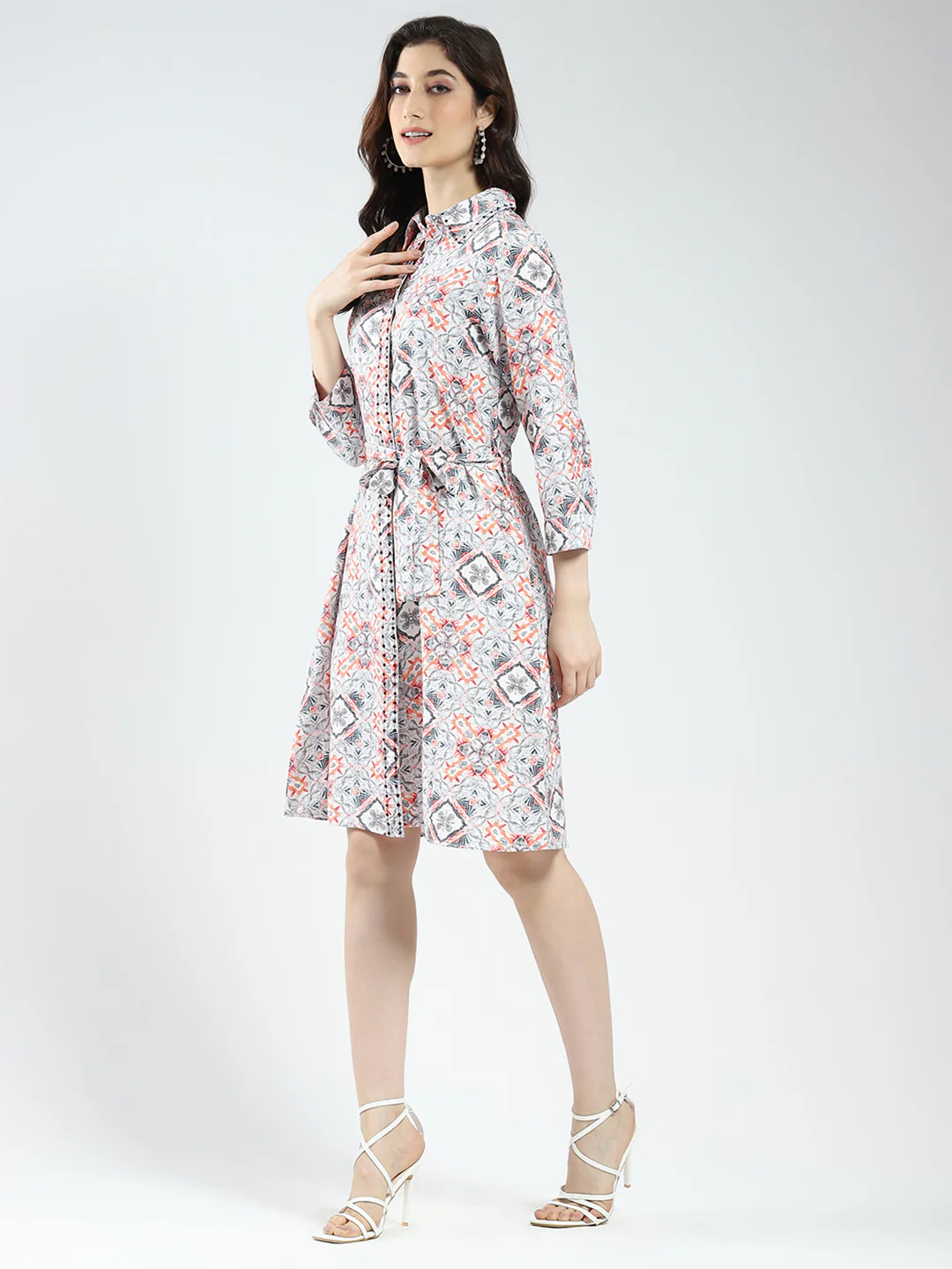 Women Grey Printed Collar 3/4th Sleeve Tunic - Image 4