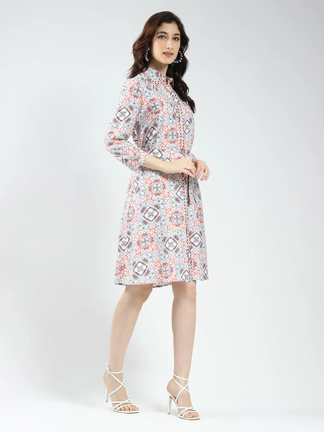 Women Grey Printed Collar 3/4th Sleeve Tunic - Image 5