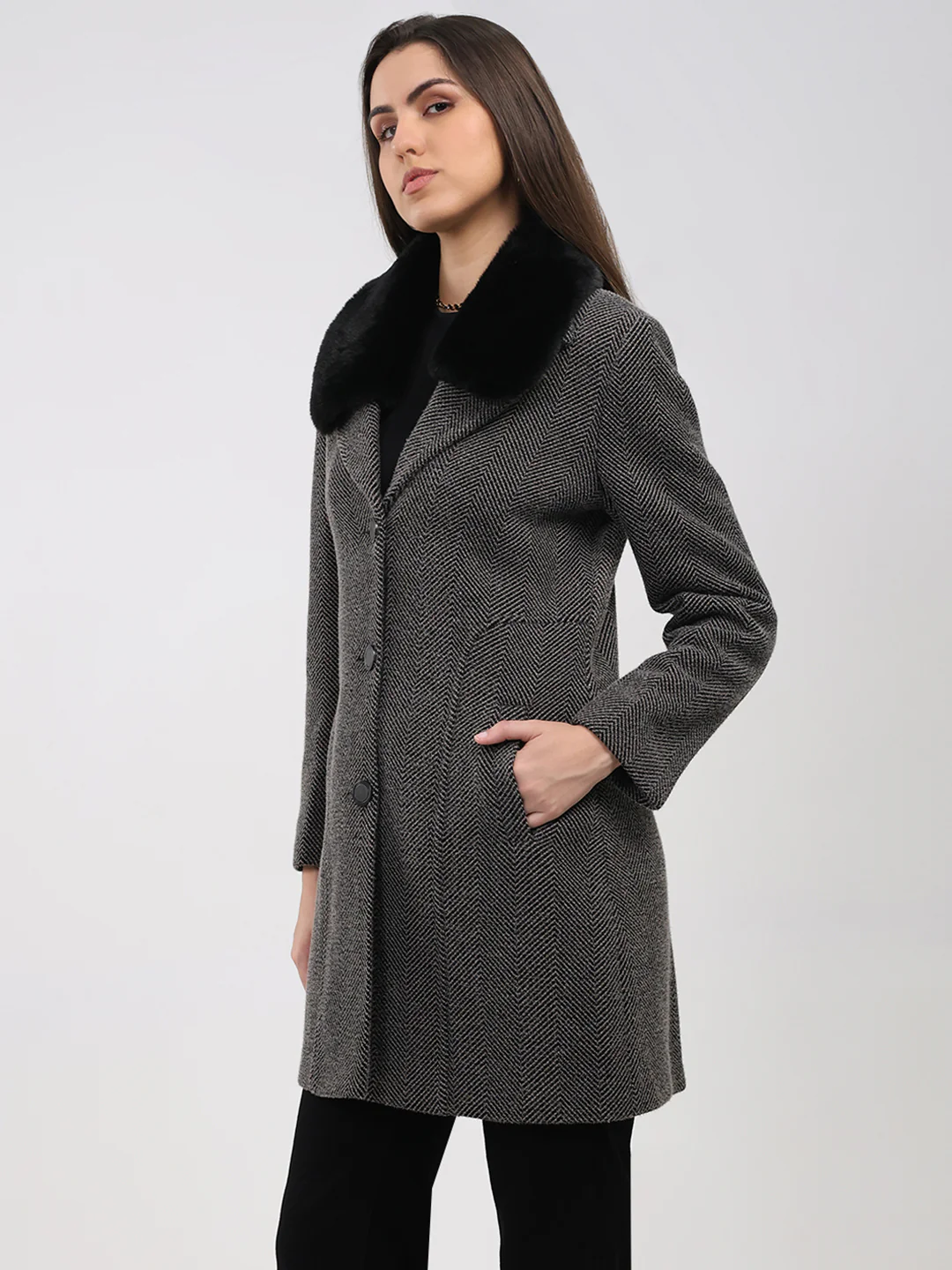 Women Grey Printed Collar Full Sleeve Coat - Image 3