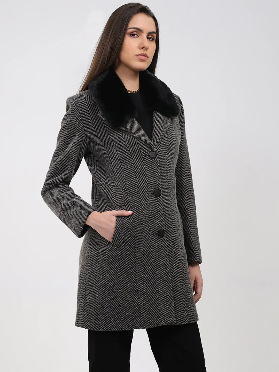 Women Grey Printed Collar Full Sleeve Coat - Image 4