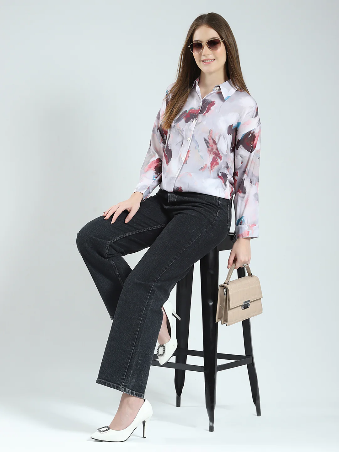 Women Grey Printed Collar Full Sleeve Top - Image 2