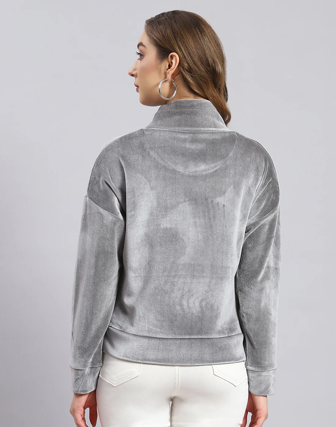 Women Grey Printed H Neck Full Sleeve Sweatshirt - Image 5