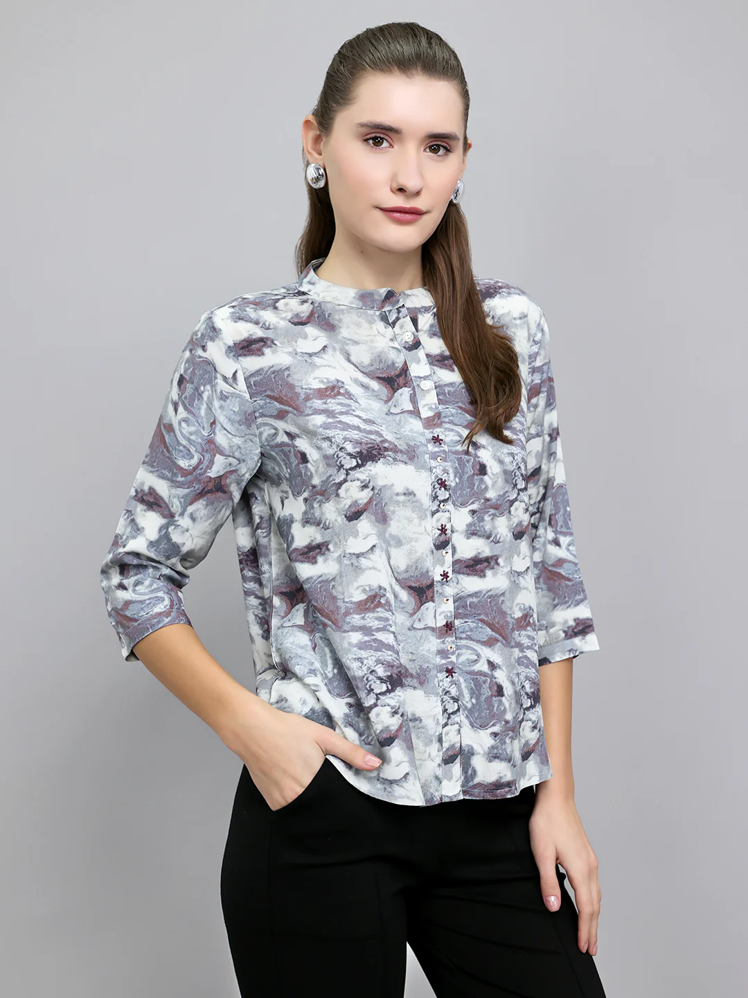 Women Grey Printed Henley Neck 3/4th Sleeve Top - Image 3