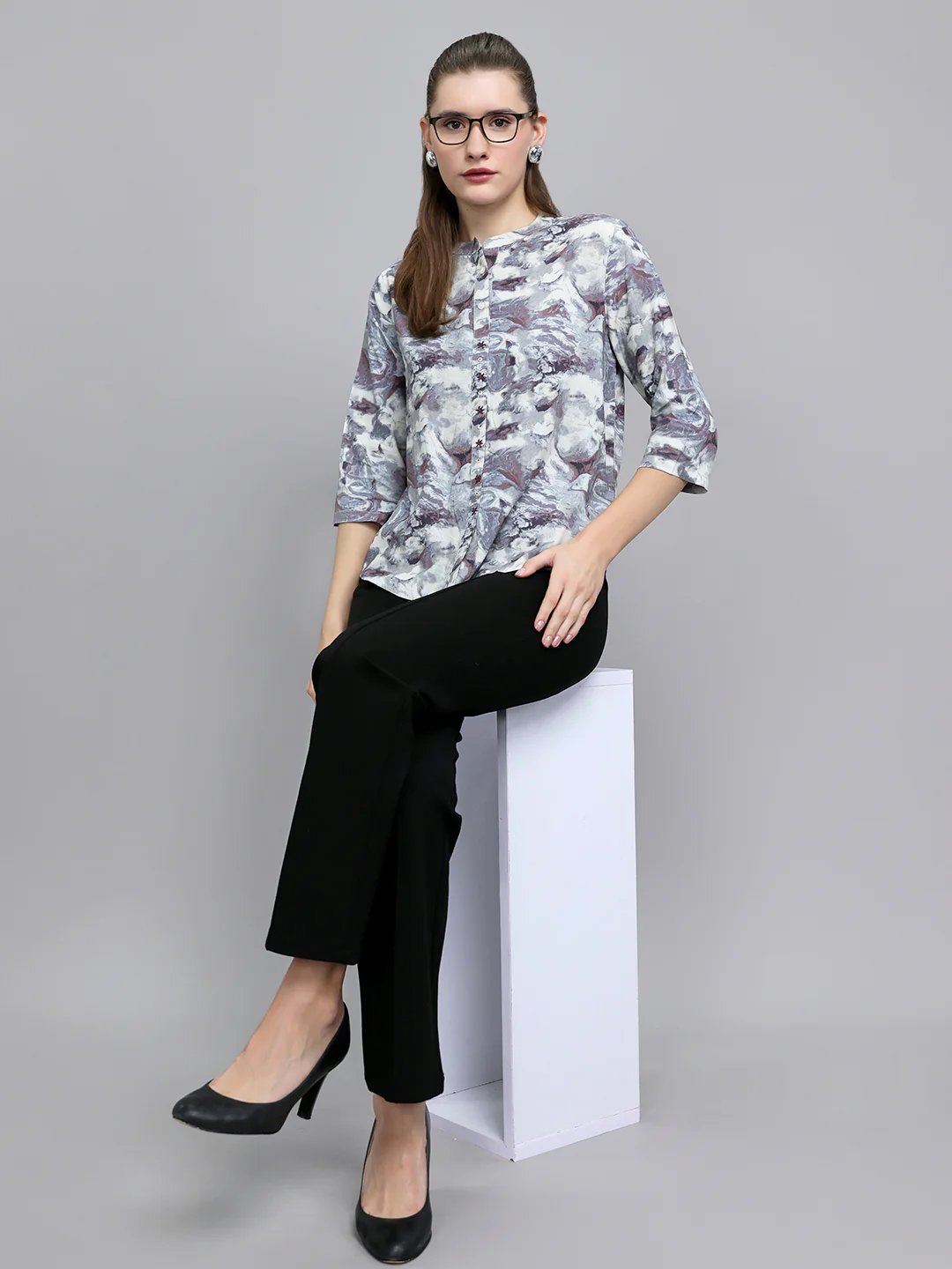 Women Grey Printed Henley Neck 3/4th Sleeve Top - Image 7