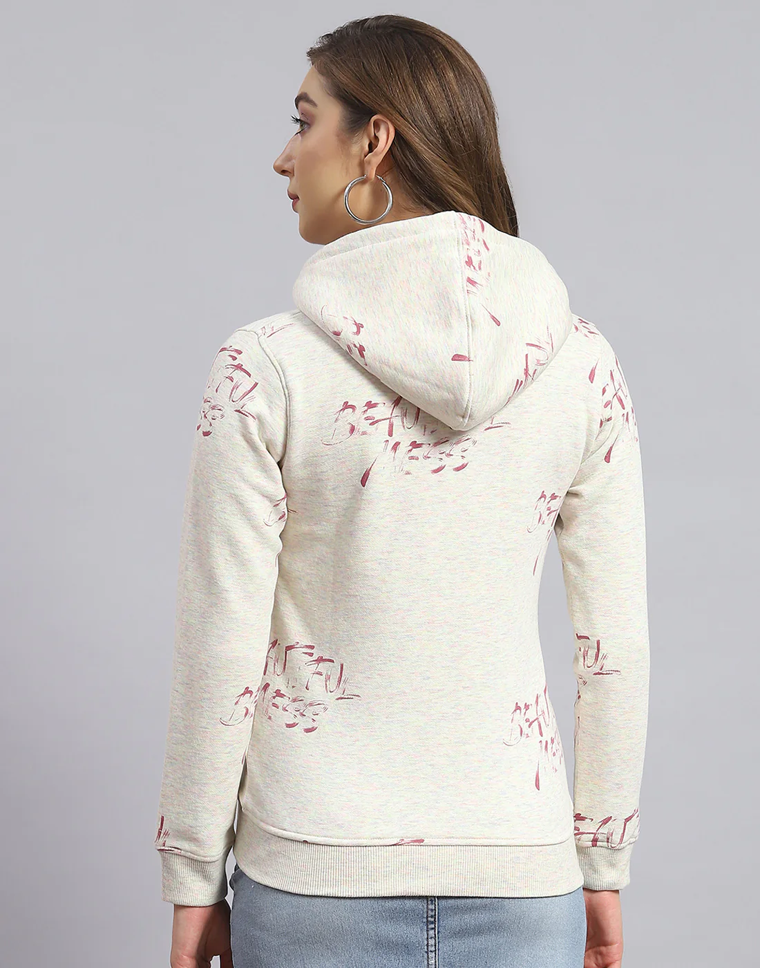 Women Grey Printed Hooded Full Sleeve Sweatshirt - Image 5