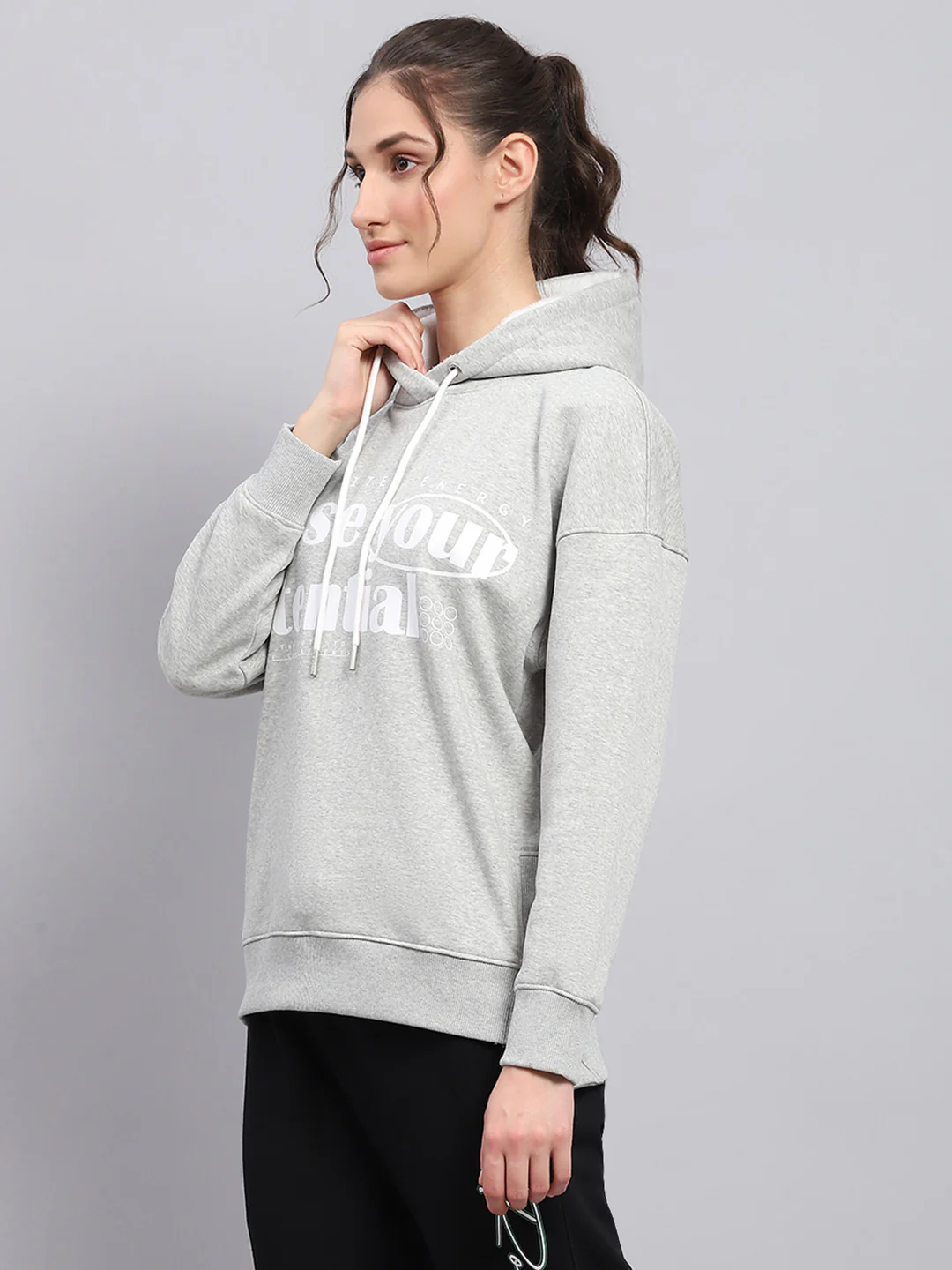 Rock.it Women Grey Printed Hooded Full Sleeve Sweatshirt - Image 3