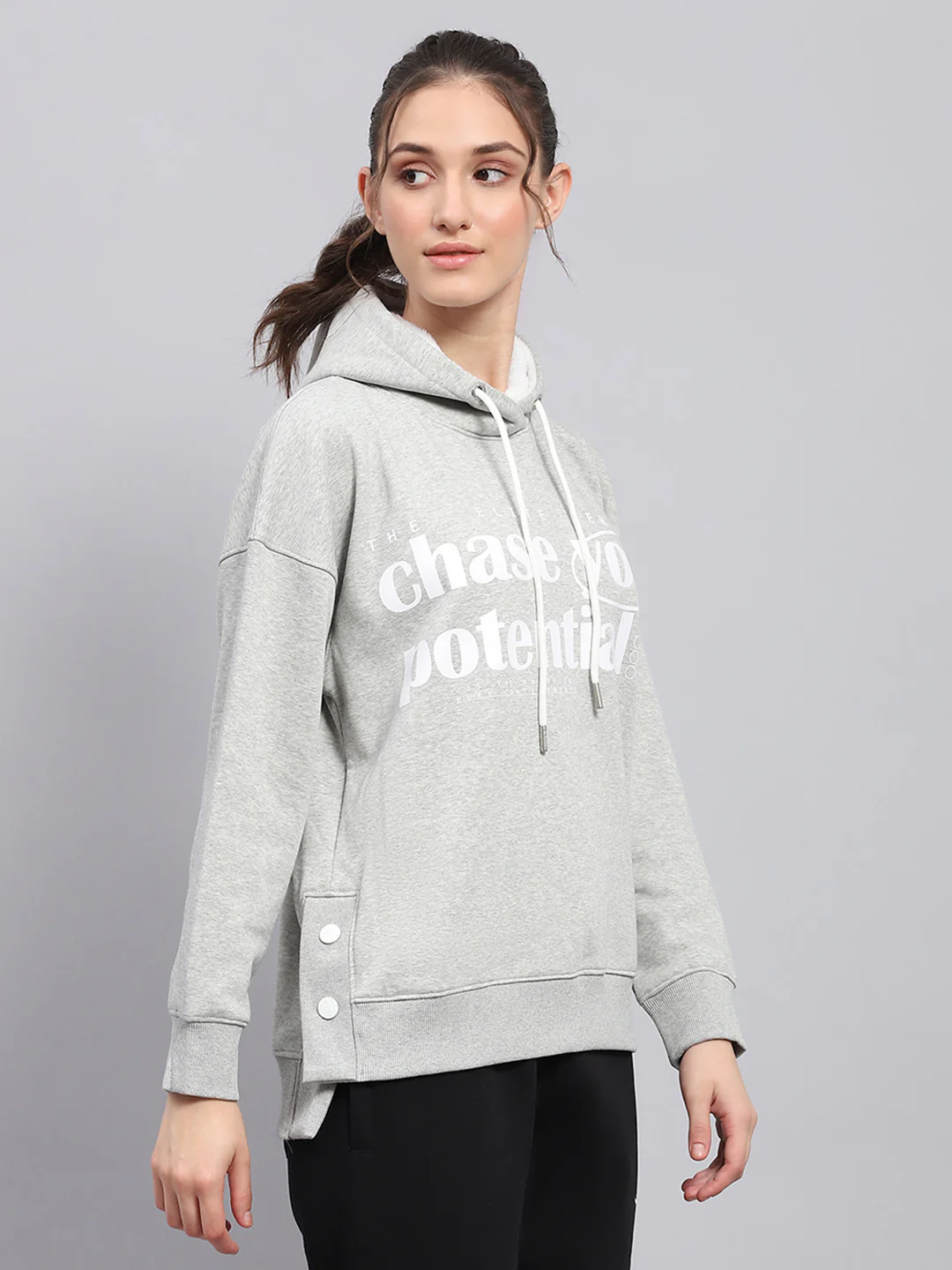 Rock.it Women Grey Printed Hooded Full Sleeve Sweatshirt - Image 4