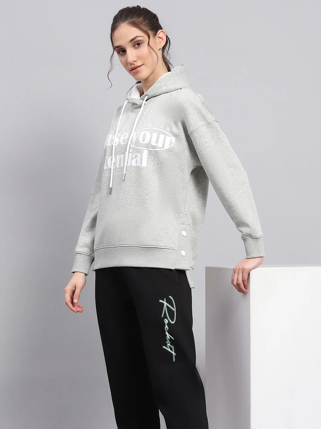 Rock.it Women Grey Printed Hooded Full Sleeve Sweatshirt - Image 6