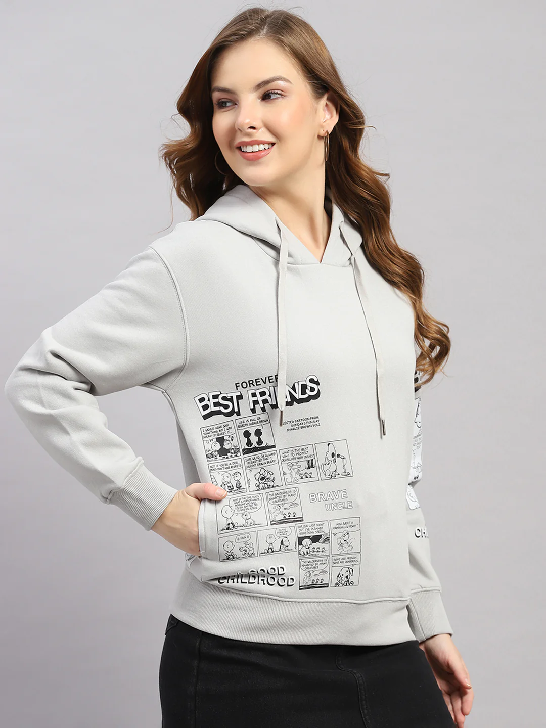 Women Grey Printed Hooded Full Sleeve Sweatshirt - Image 4