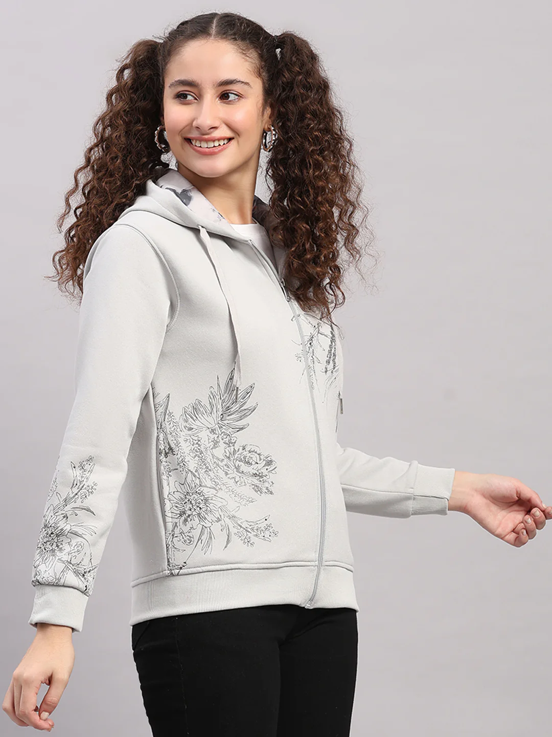 Women Grey Printed Hooded Full Sleeve Sweatshirt - Image 4