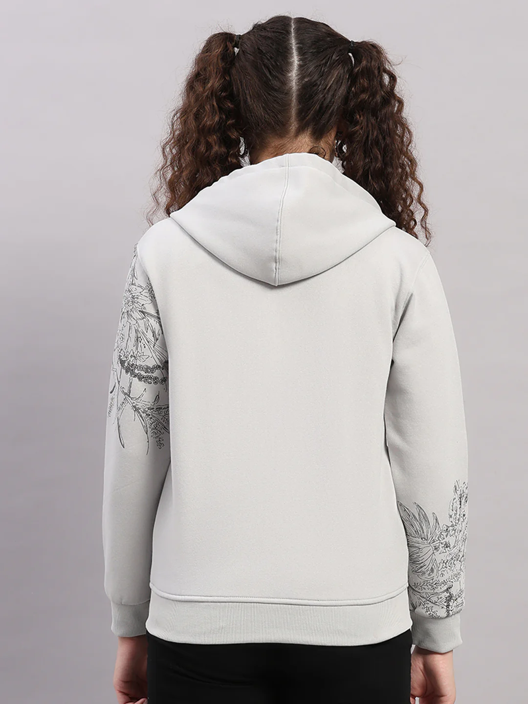 Women Grey Printed Hooded Full Sleeve Sweatshirt - Image 5