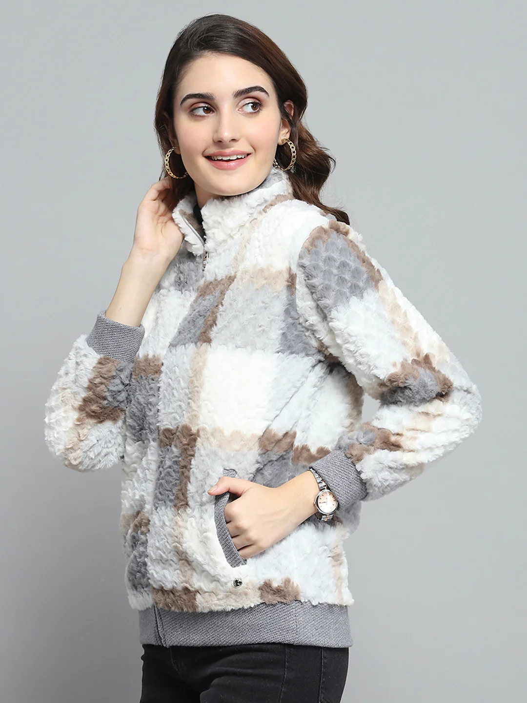 Women Grey Printed Mock Neck Full Sleeve Sweatshirt - Image 3