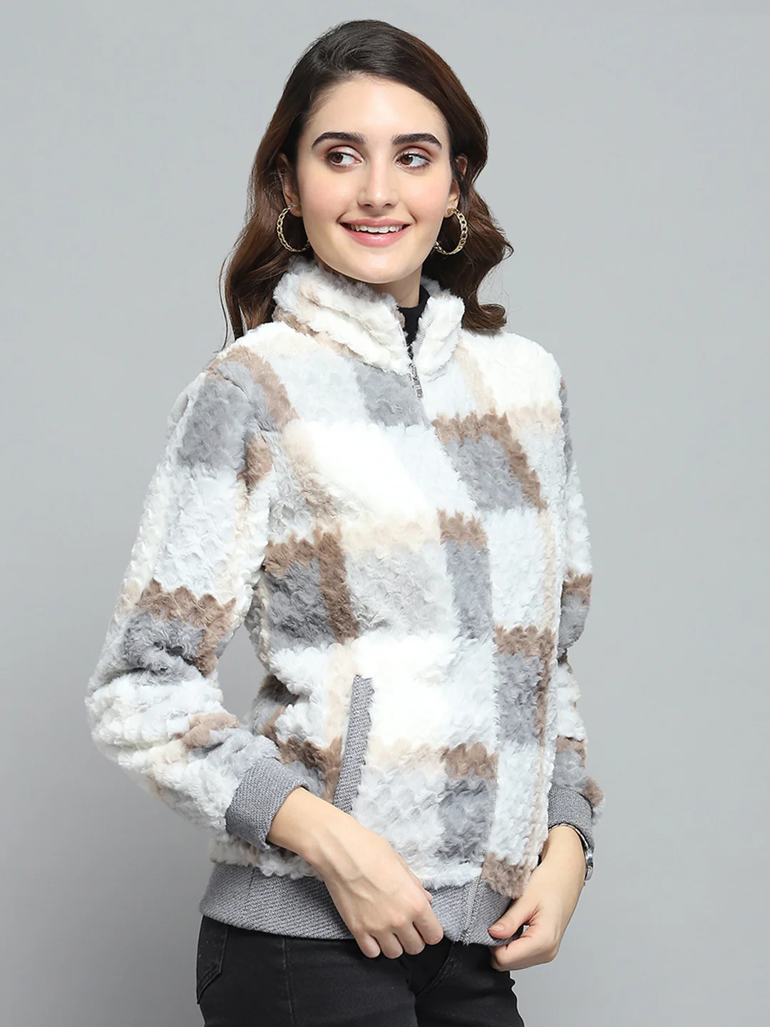 Women Grey Printed Mock Neck Full Sleeve Sweatshirt - Image 4