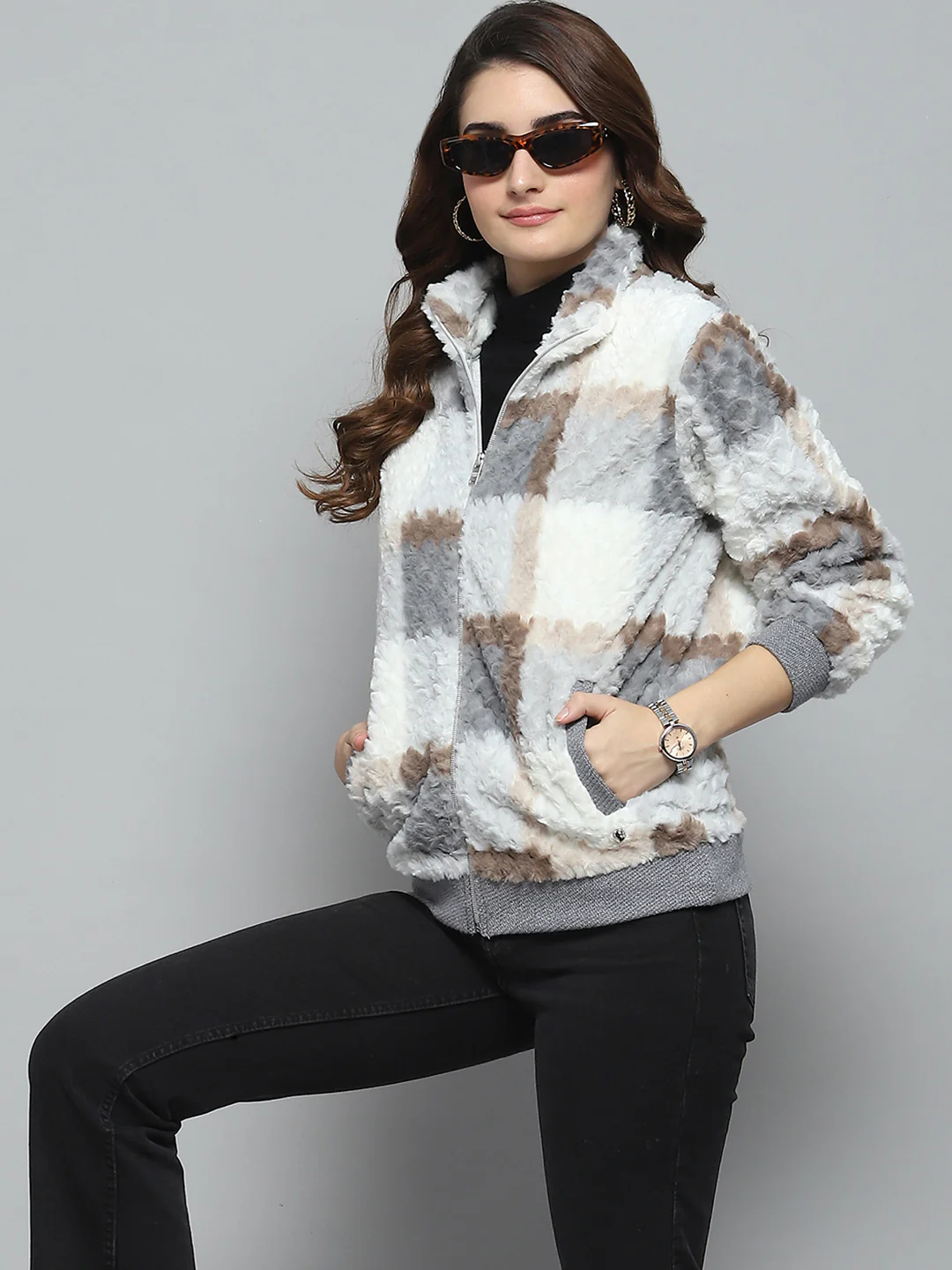 Women Grey Printed Mock Neck Full Sleeve Sweatshirt - Image 6