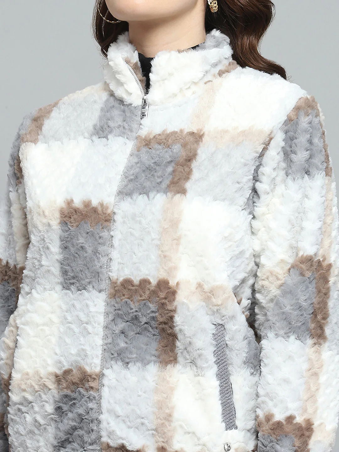 Women Grey Printed Mock Neck Full Sleeve Sweatshirt - Image 7