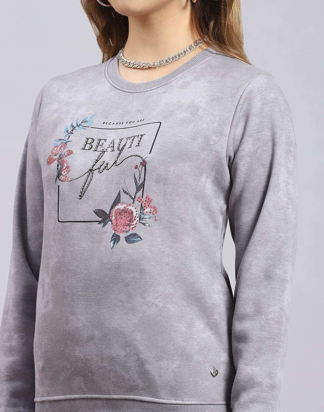 Women Grey Printed Round Neck Full Sleeve Sweatshirt - Image 6