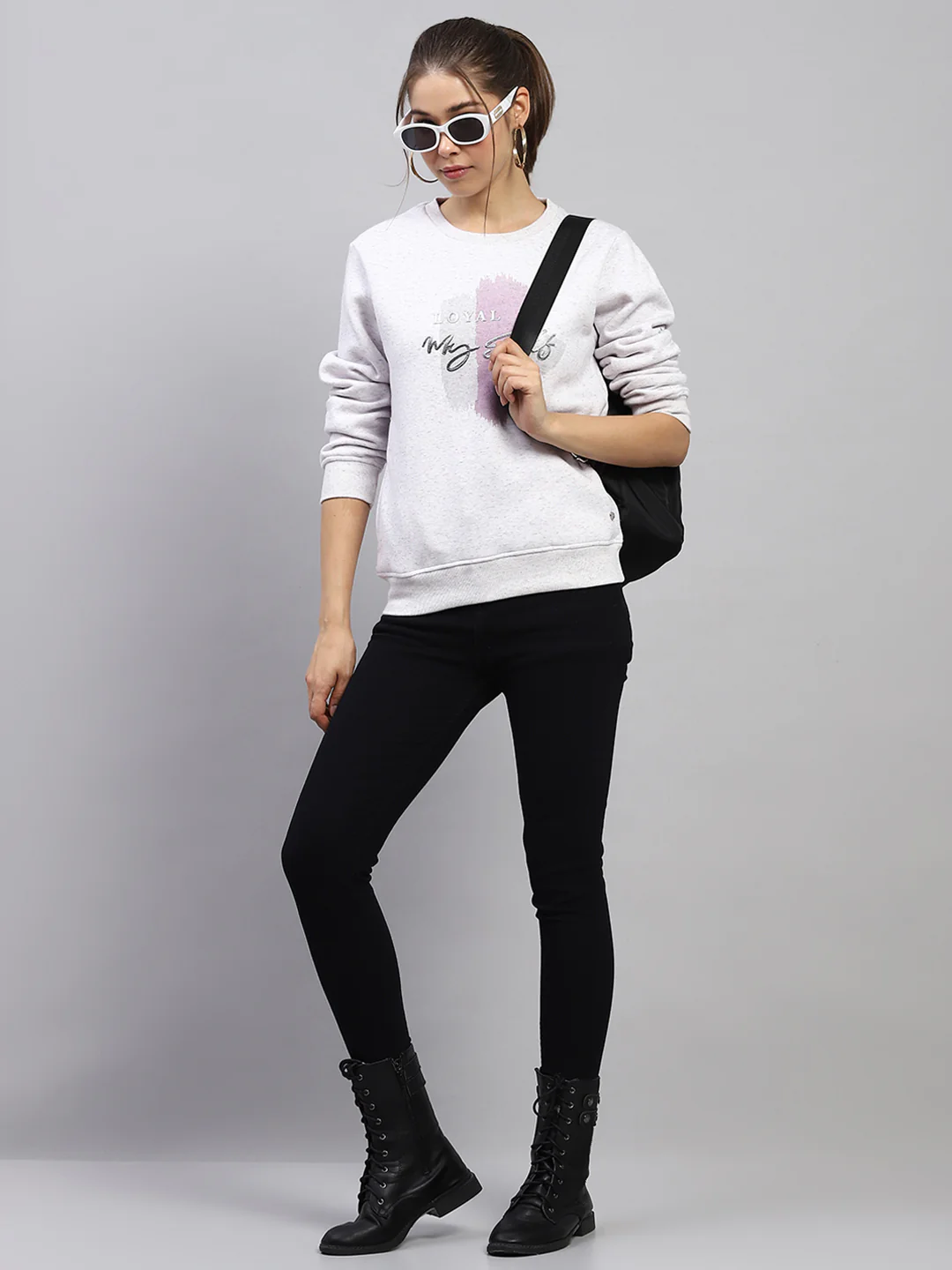 Women Grey Printed Round Neck Full Sleeve Sweatshirt - Image 2