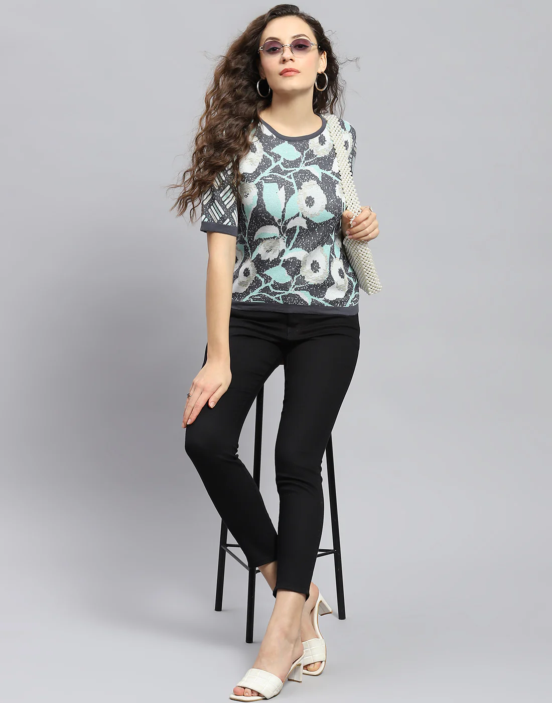 Women Grey Printed Round Neck Half Sleeve Top - Image 2