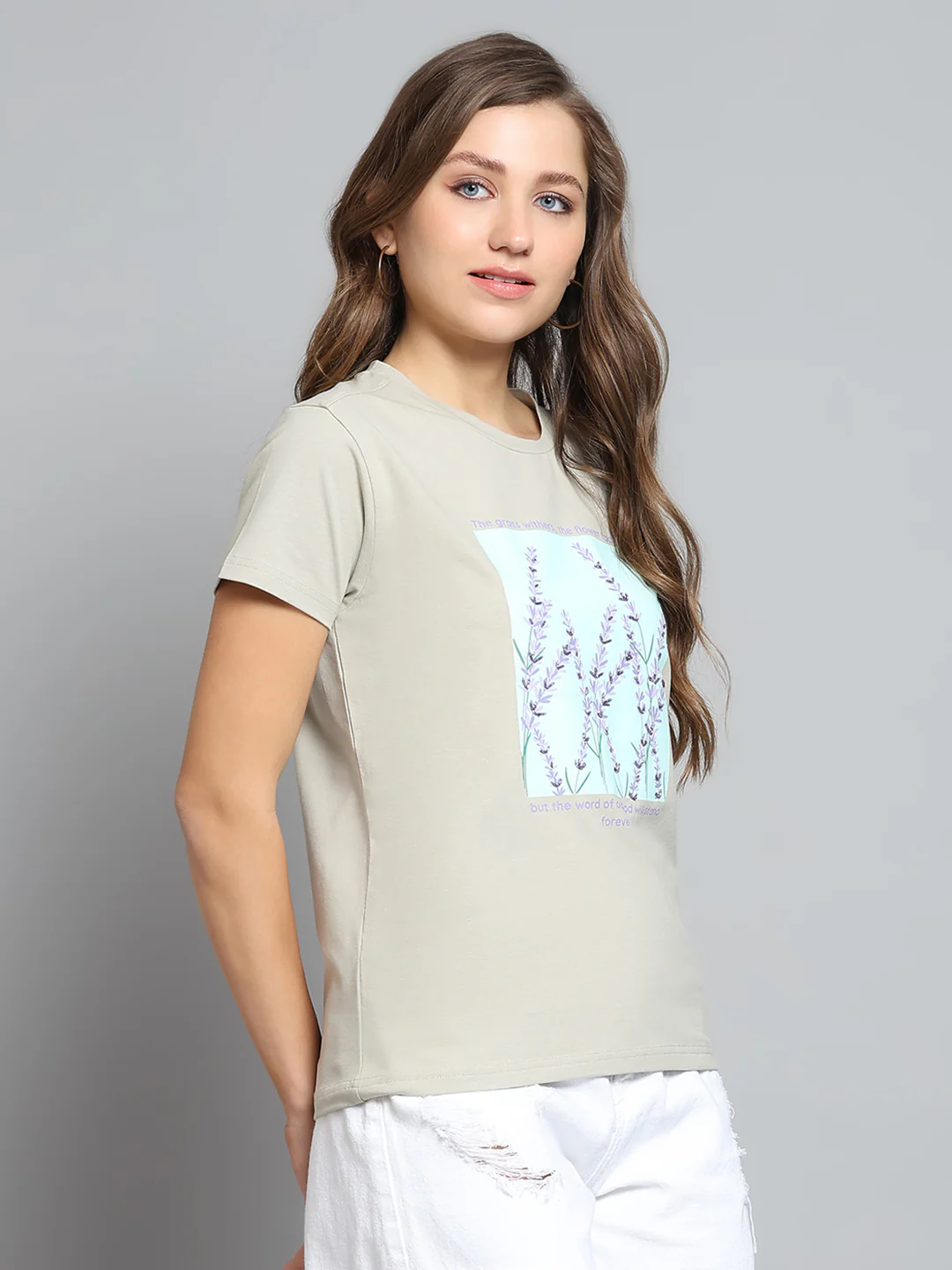 Women Grey Printed Round Neck Half Sleeve Top - Image 4