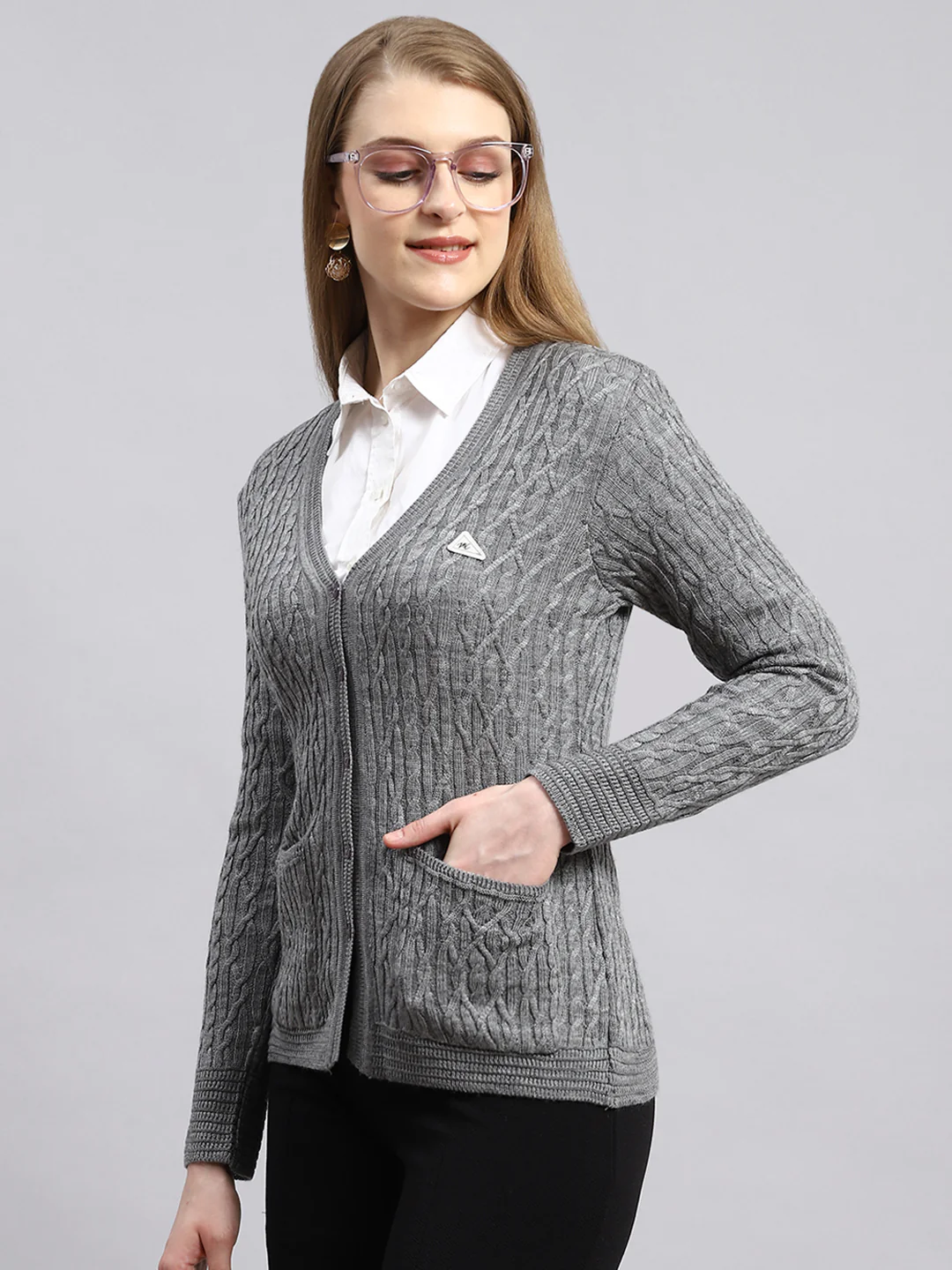 Women Grey Self Cardigan - Image 3