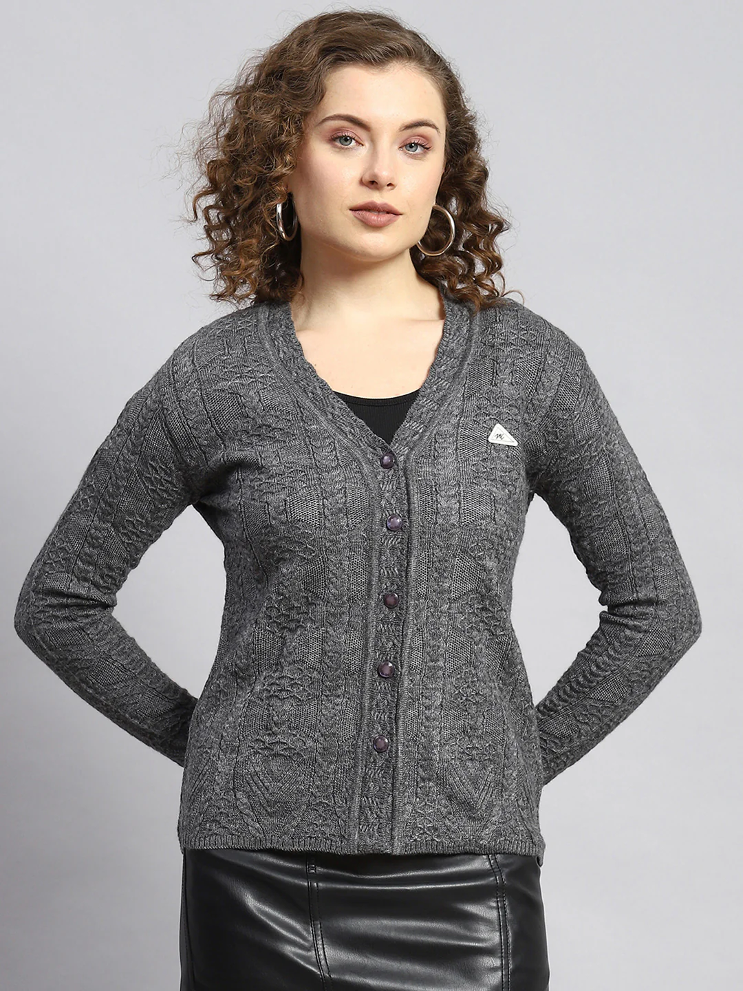 Women Grey Self Cardigan - Image 2