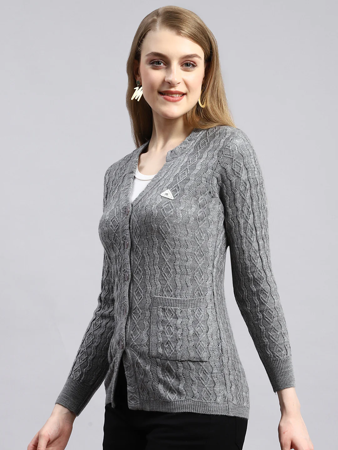 Women Grey Self Cardigan - Image 3