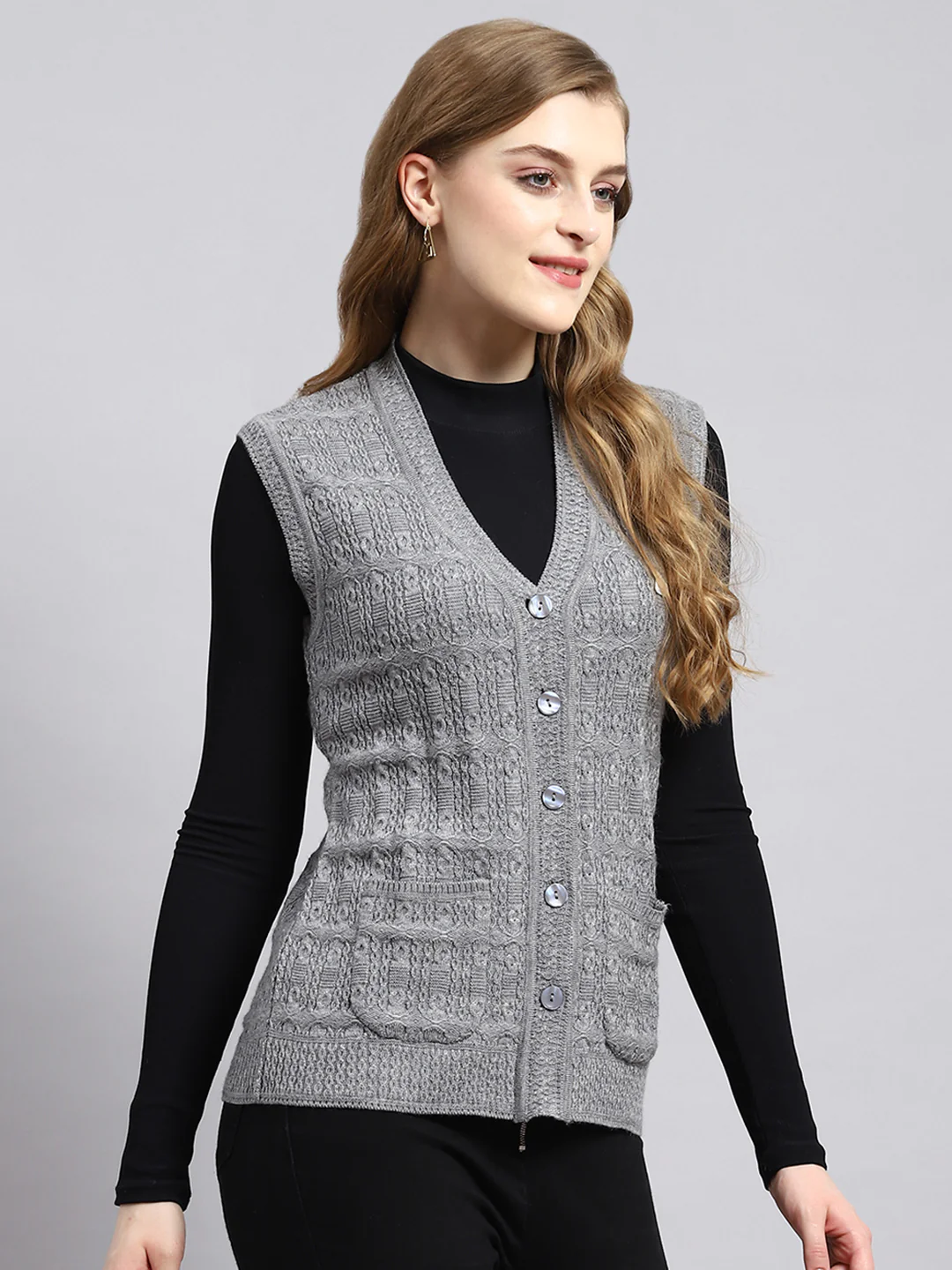 Women Grey Self Cardigan - Image 2