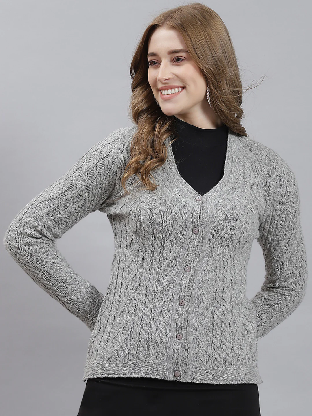 Women Grey Self Cardigan - Image 2