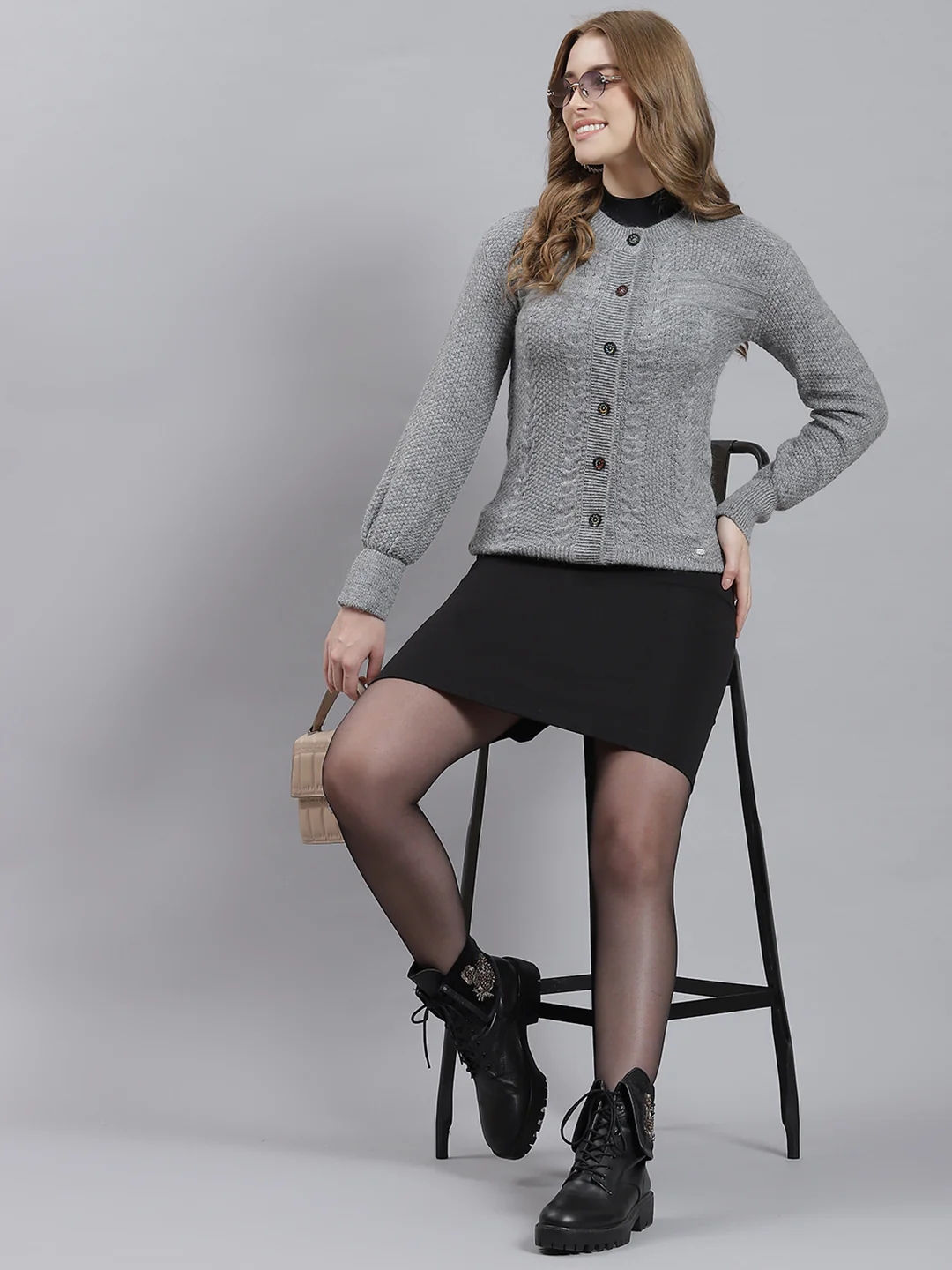 Women Grey Self Cardigan
