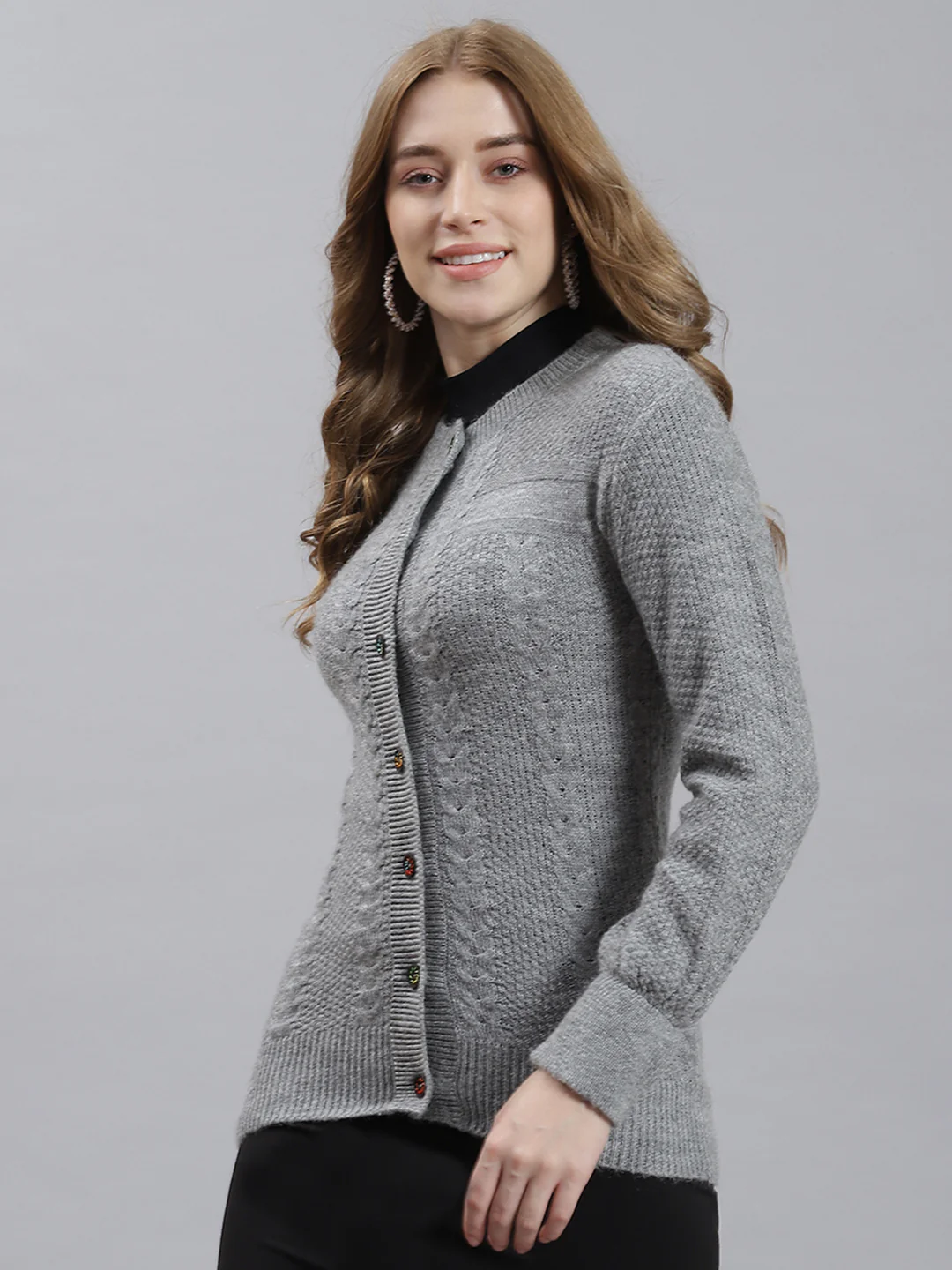 Women Grey Self Cardigan - Image 4