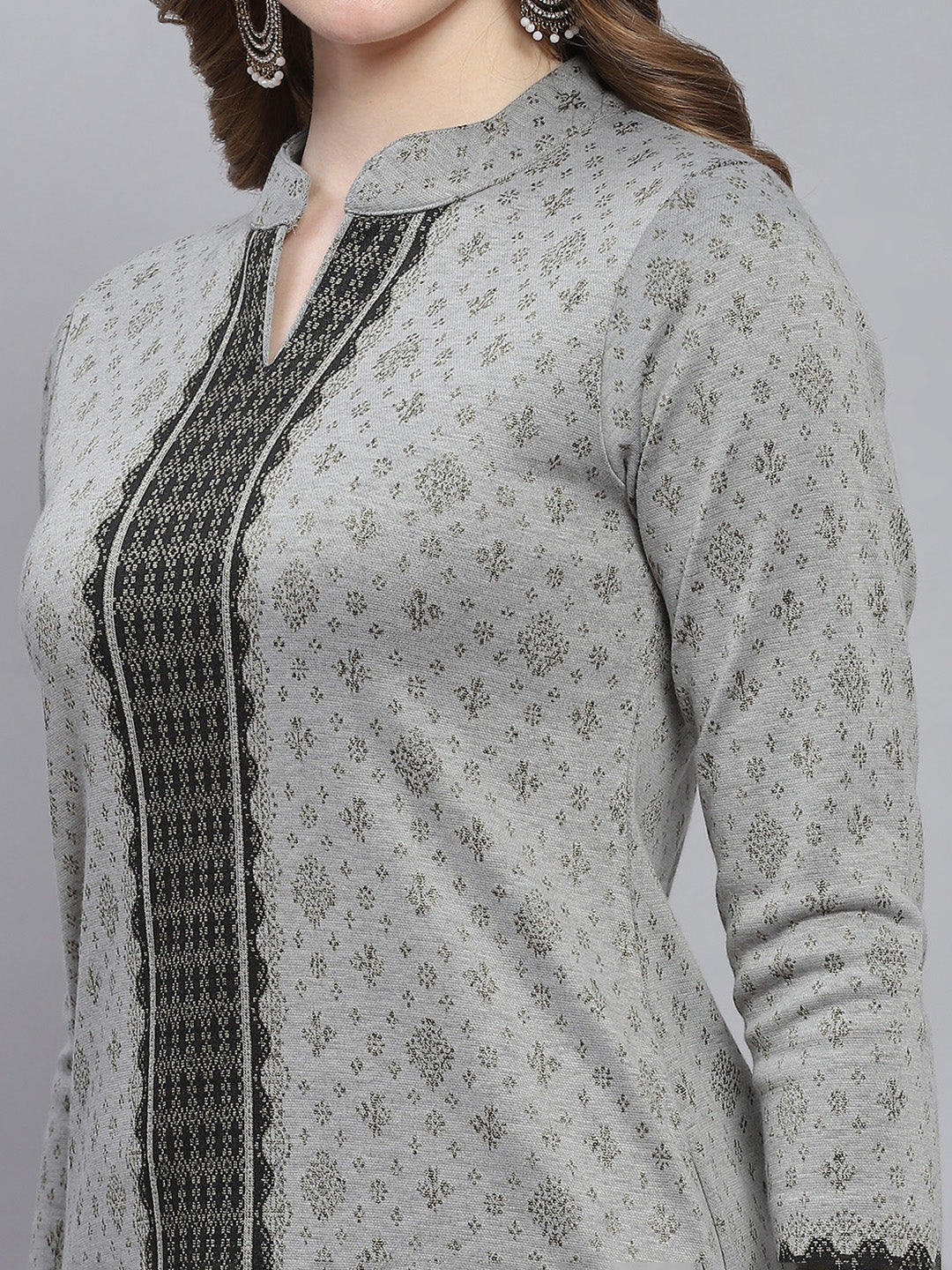 Women Grey Self Design Collar Full Sleeve Kurtis Set - Image 2