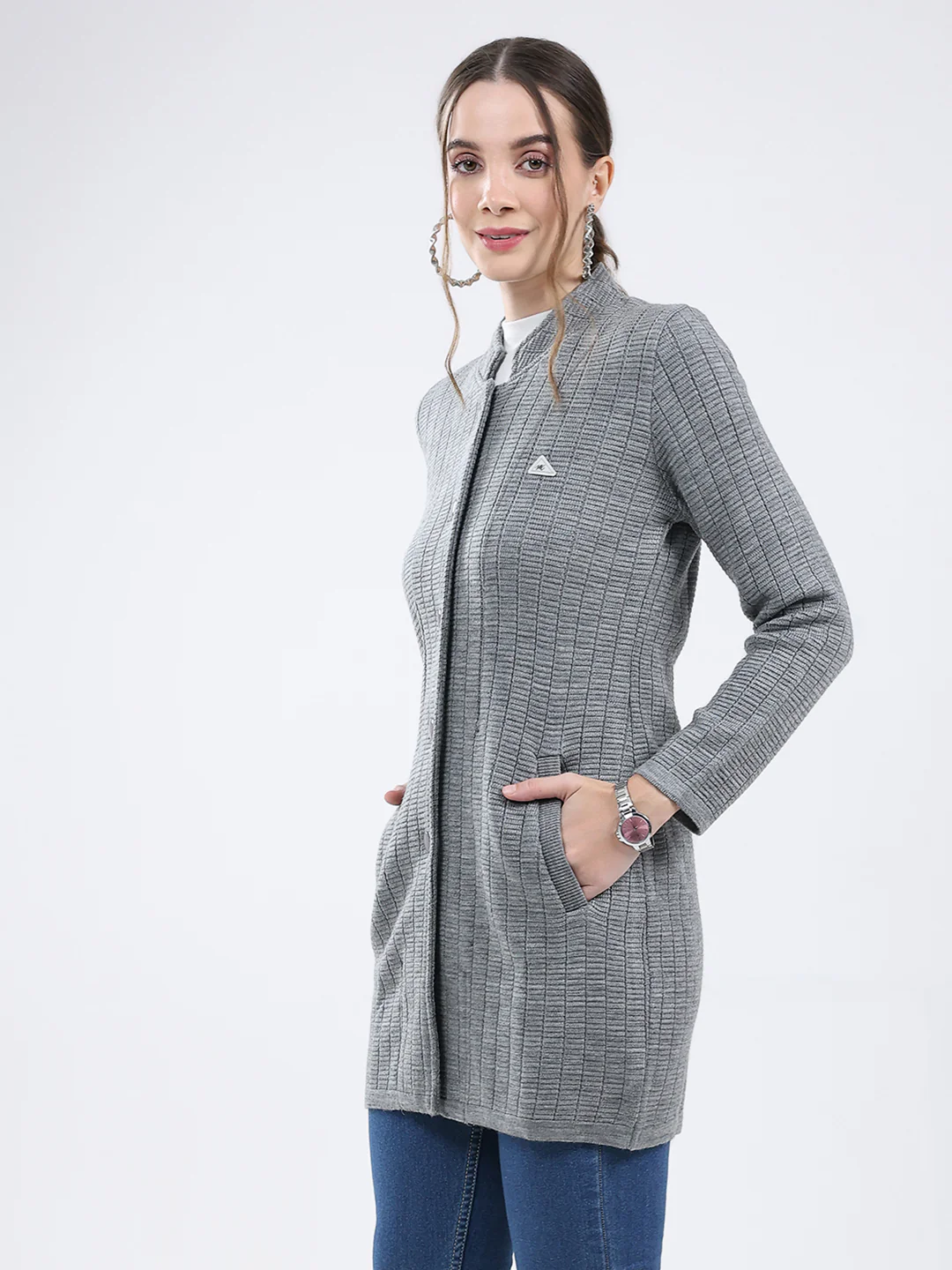 Women Grey Self Design Band Neck Full Sleeve Knitted Coat - Image 3