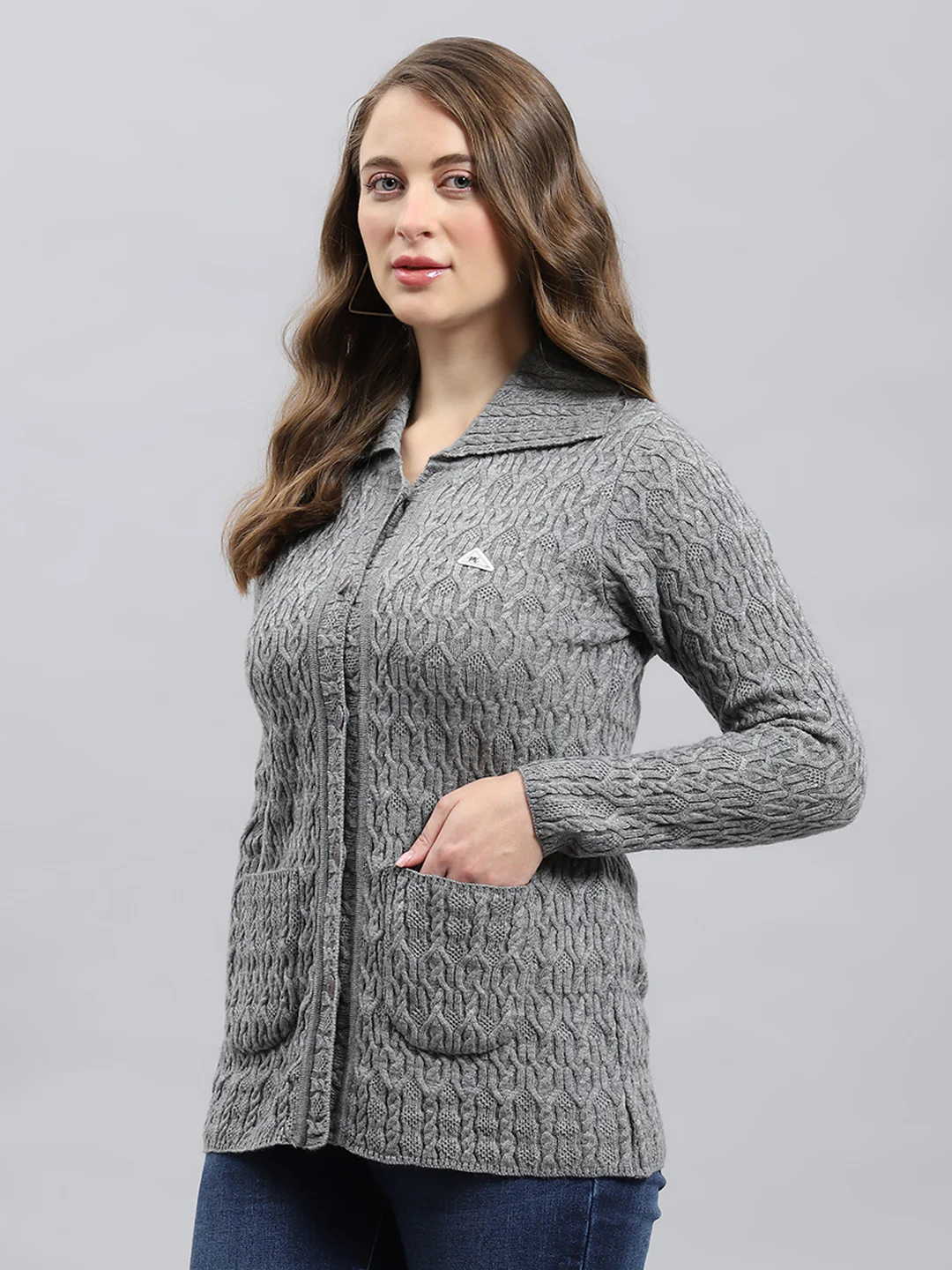 Women Grey Self Design Collar Full Sleeve Cardigan - Image 3
