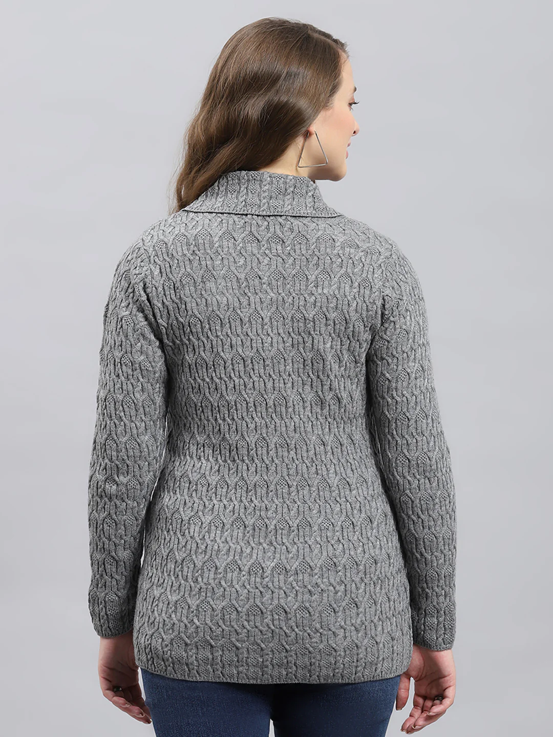 Women Grey Self Design Collar Full Sleeve Cardigan - Image 5