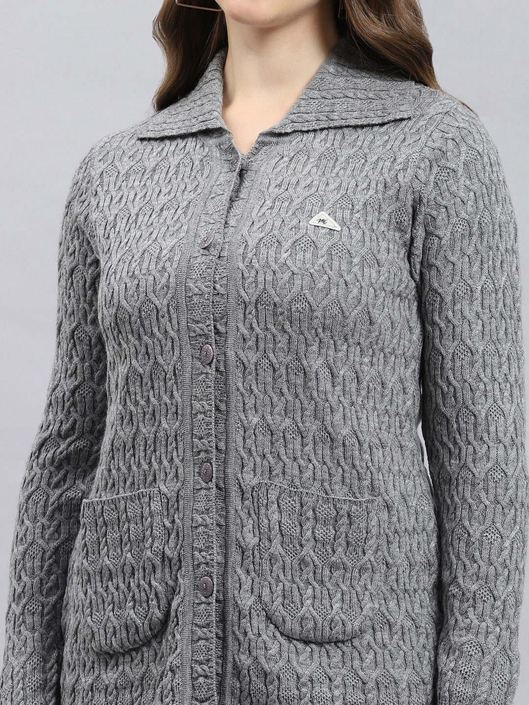 Women Grey Self Design Collar Full Sleeve Cardigan - Image 6