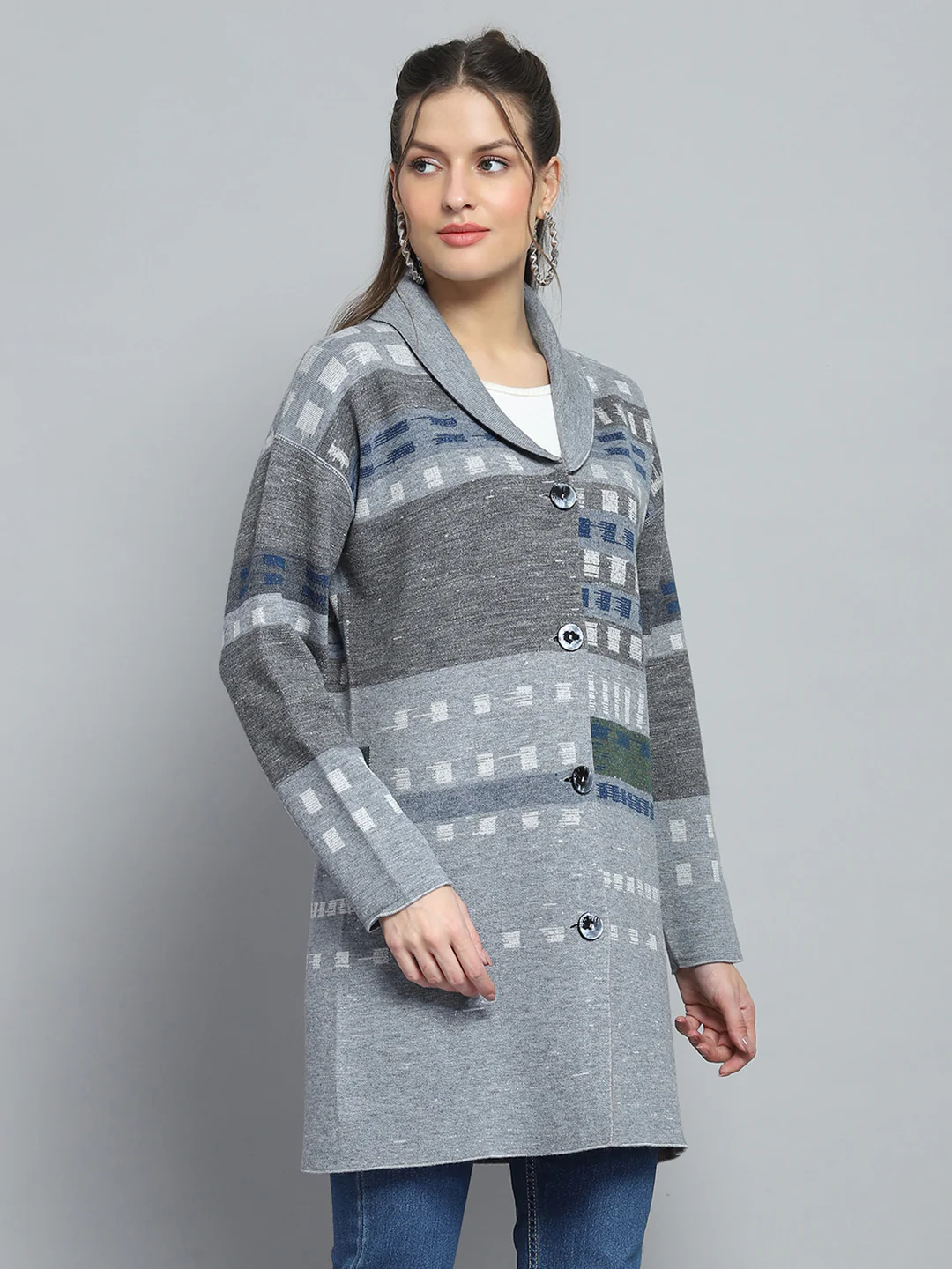 Women Grey Self Design Collar Full Sleeve Cardigan - Image 4