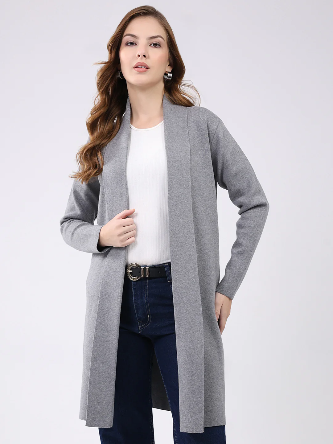 Women Grey Self Design Collar Full Sleeve Cardigan