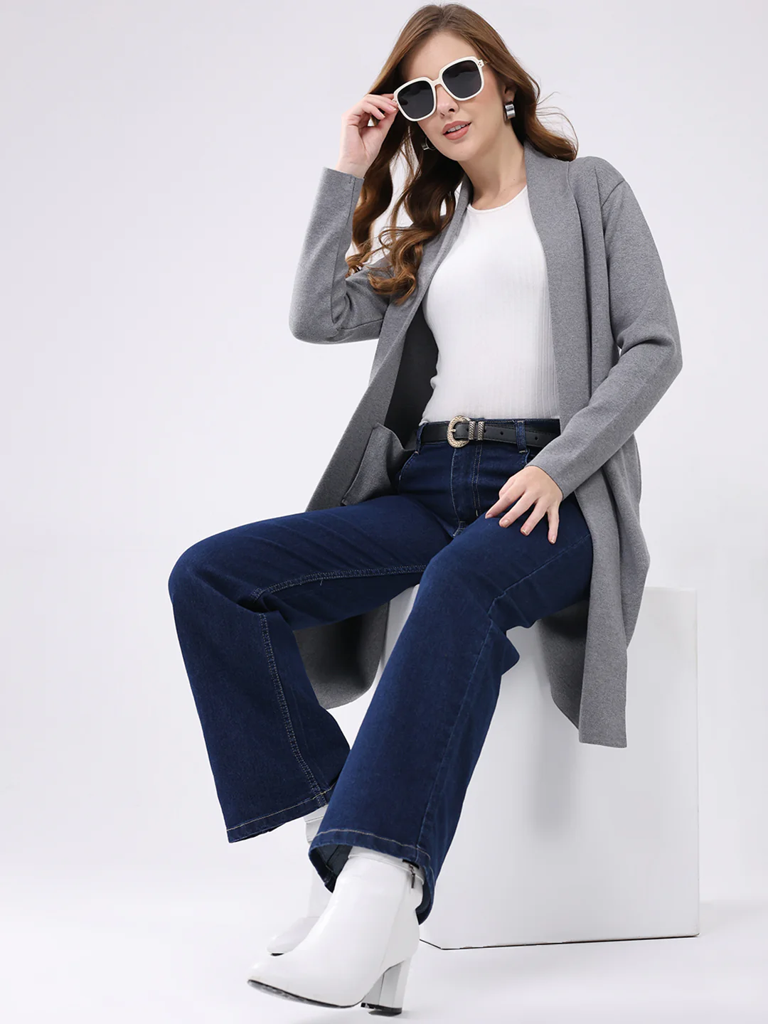 Women Grey Self Design Collar Full Sleeve Cardigan - Image 2