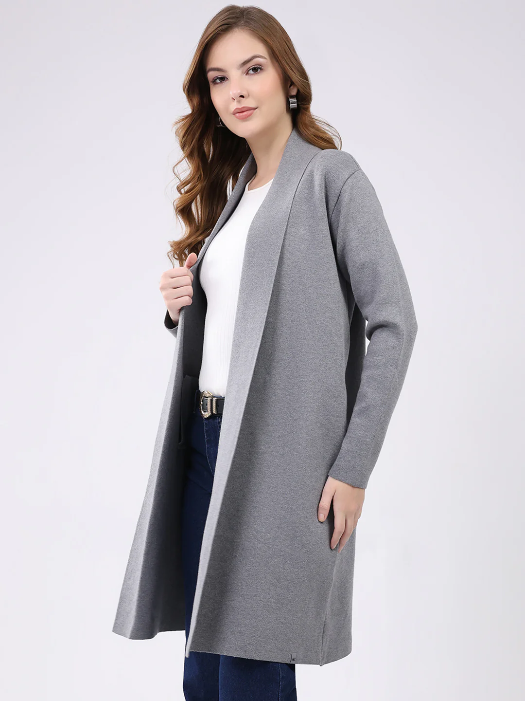 Women Grey Self Design Collar Full Sleeve Cardigan - Image 3