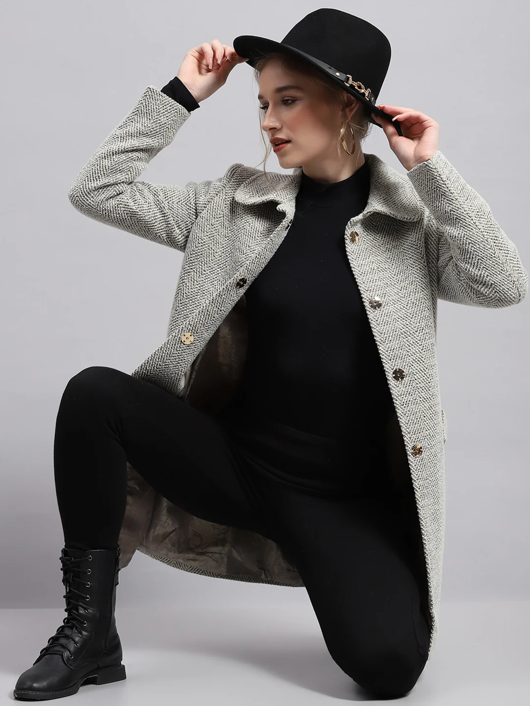 Women Grey Self Design Collar Full Sleeve Coat - Image 2