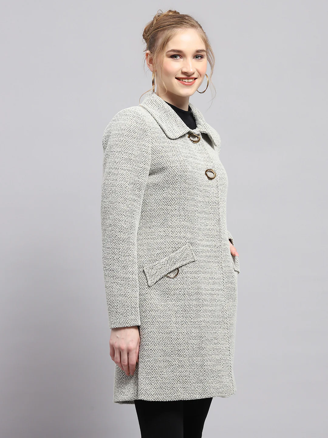 Women Grey Self Design Collar Full Sleeve Coat - Image 4