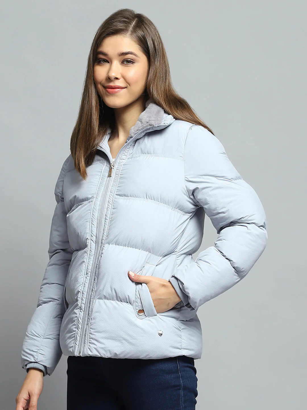 Women Grey Self Design Collar Full Sleeve Jacket - Image 3