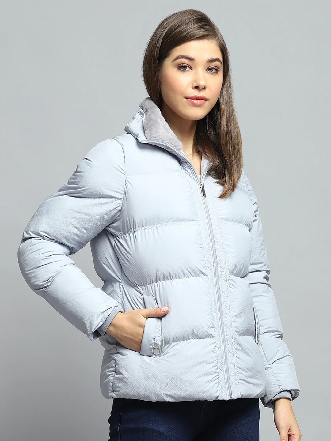 Women Grey Self Design Collar Full Sleeve Jacket - Image 4