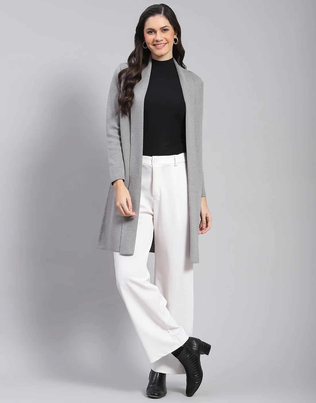 Women Grey Self Design Front Open Full Sleeve Cardigan - Image 2