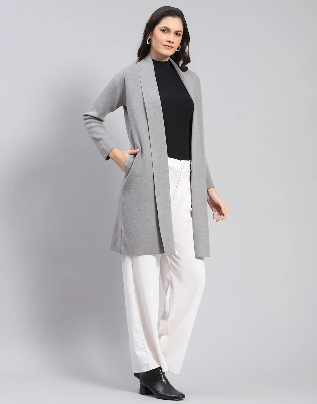 Women Grey Self Design Front Open Full Sleeve Cardigan - Image 4