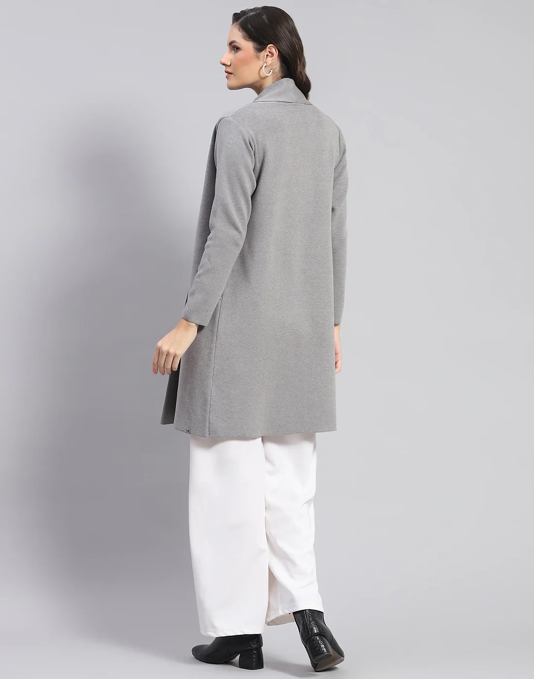 Women Grey Self Design Front Open Full Sleeve Cardigan - Image 5