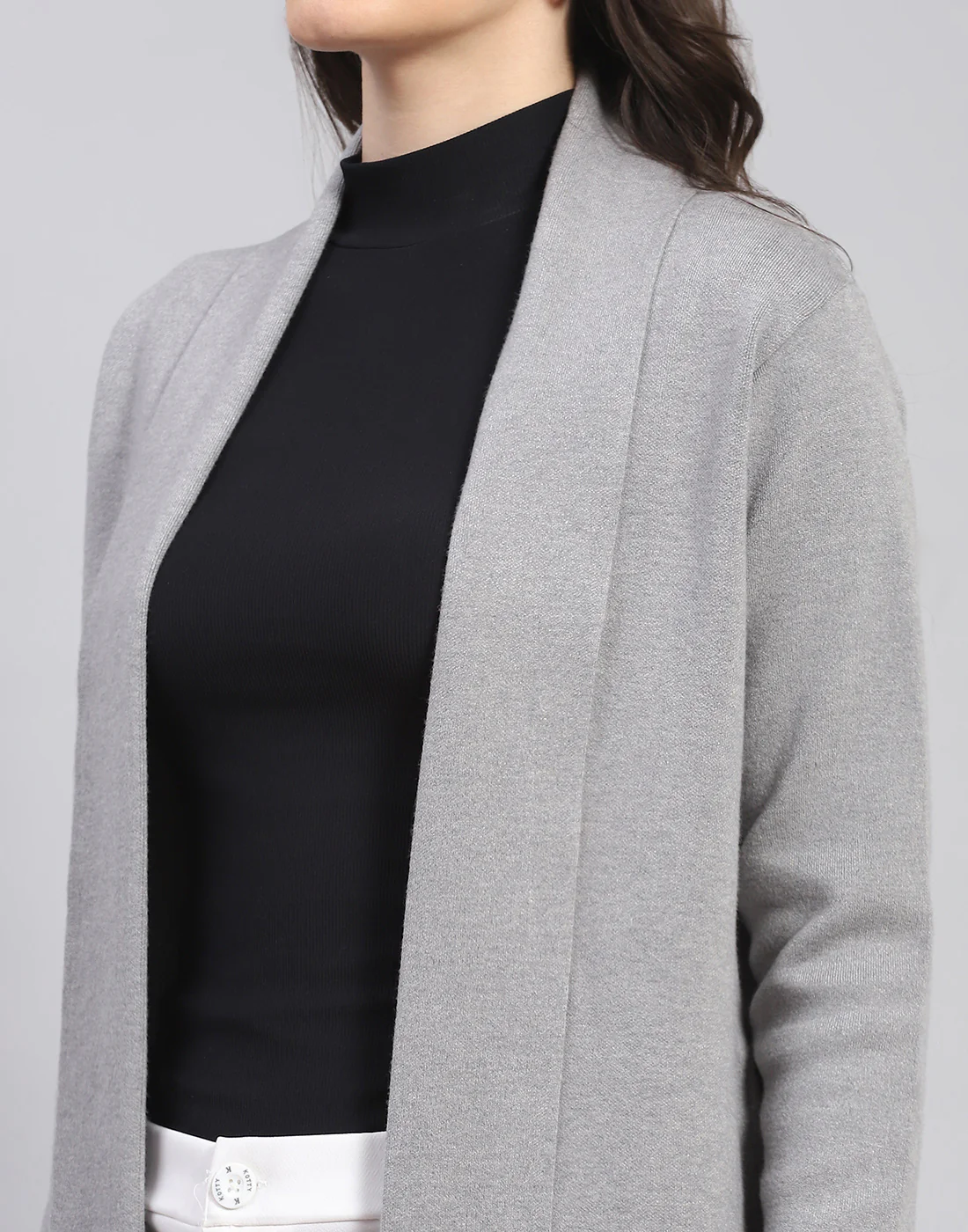 Women Grey Self Design Front Open Full Sleeve Cardigan - Image 6